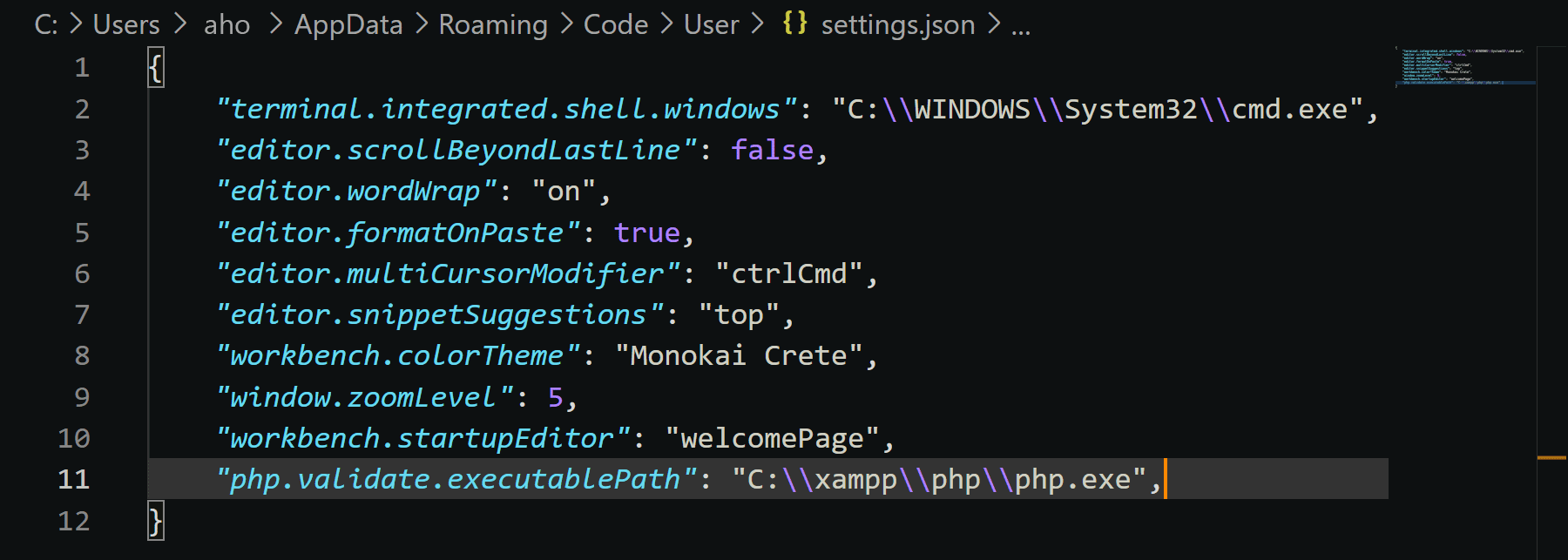 settings.json after